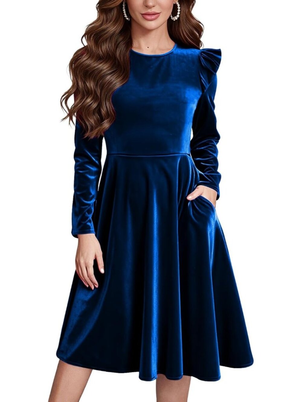 Women's Blue Velvet Midi Ruffle Flowy Elegant Long Sleeves Pockets Dresses